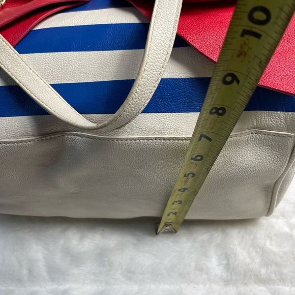 Betsey Johnson white and Bleu stripes Satchel with large red bow accent . - Picture 8 of 10